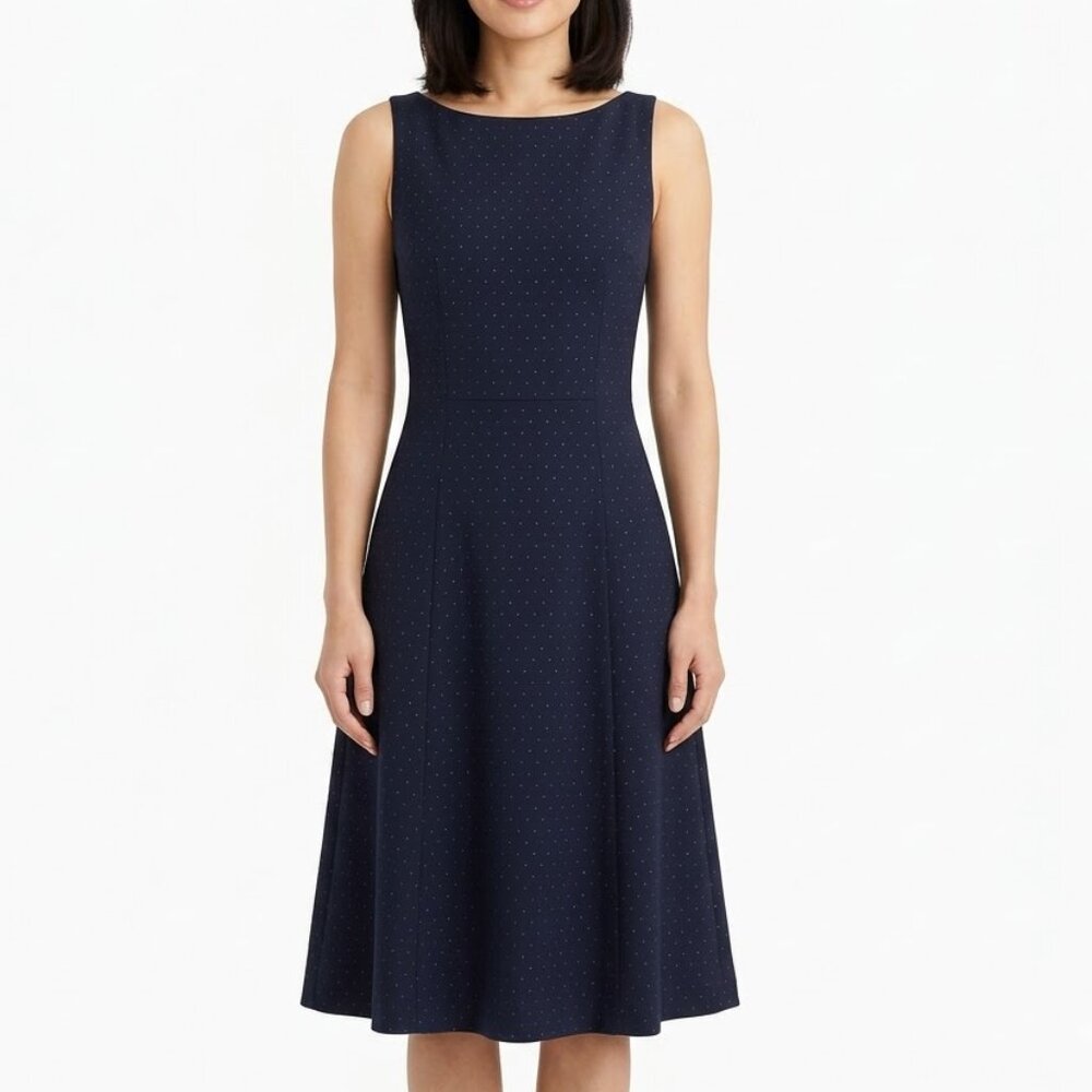 H&M Navy Blue White Polka Dot Fit & Flare Sleeveless Rockabilly Midi Dress Sz 6